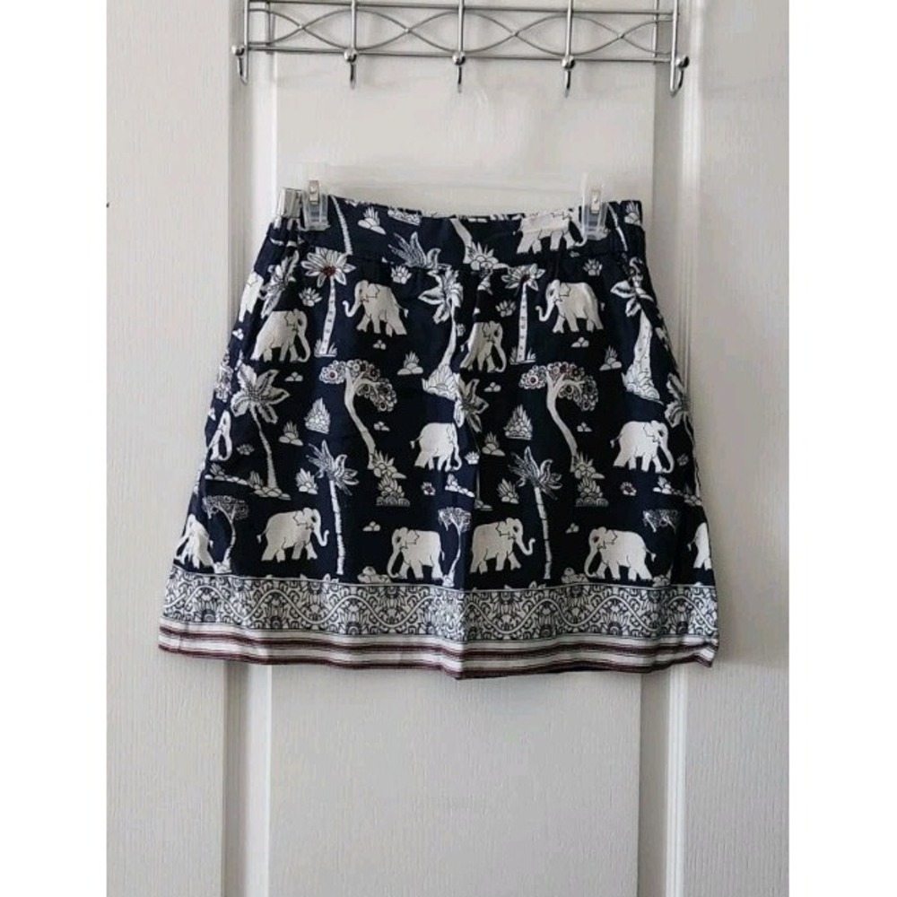 LOFT Women's Elephant Print Mini Skirt Blue White Pockets Linen Rayon‎ Size XS